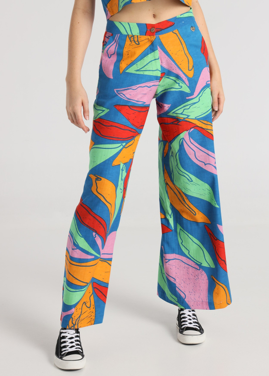 Pantalon imprimé feuilles - Pied d'éléphant | Coupe Palazzo - Plan long | Taille en pouces