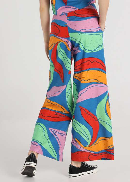 Pantalon imprimé feuilles - Pied d'éléphant | Coupe Palazzo - Plan long | Taille en pouces