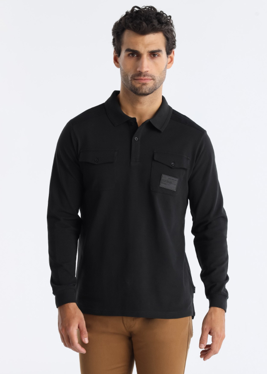 Polo manches longues avec poches et bandes à l'épaule | Gris