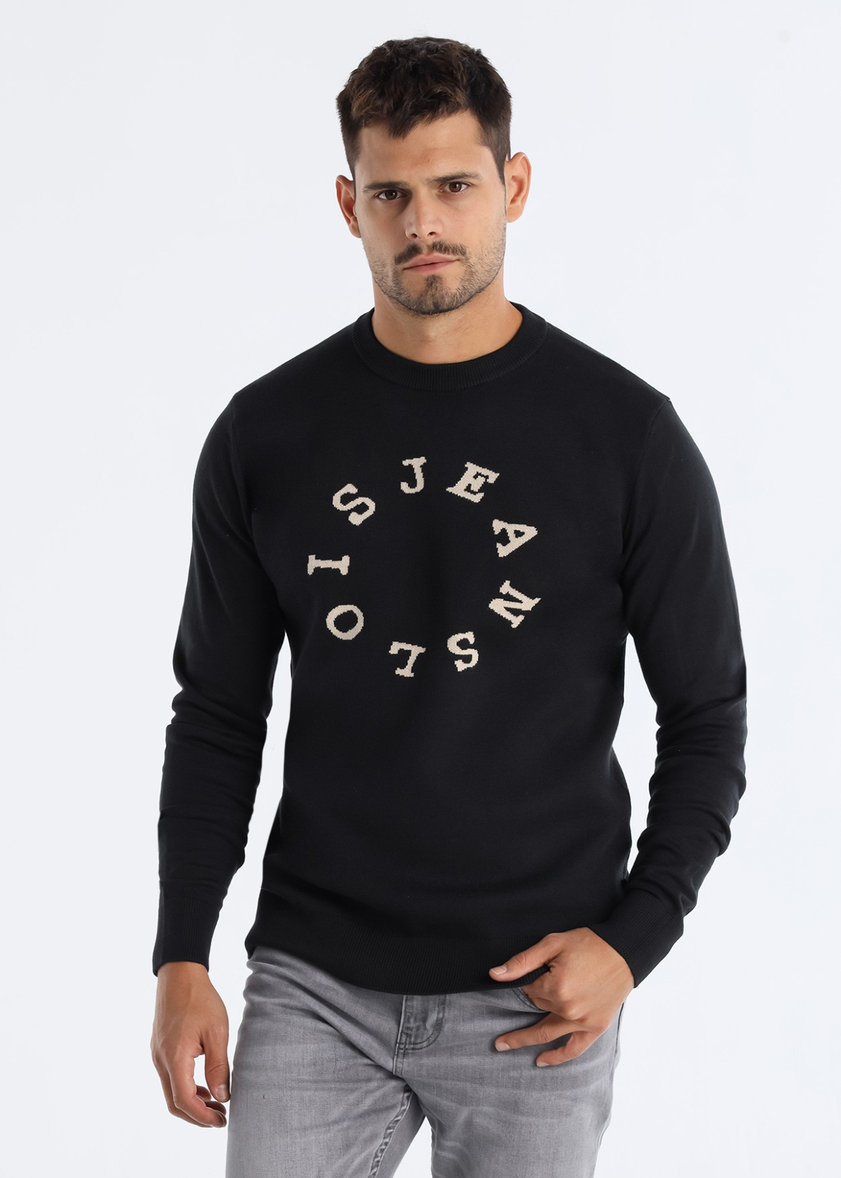 Pull col rond jacquard avec logo circulaire