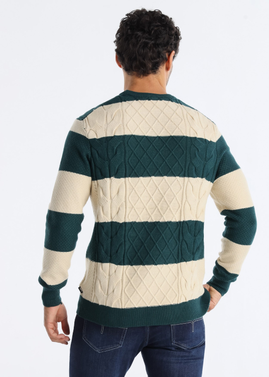 Pull à rayures tricot torsadé col ras du cou | Vert