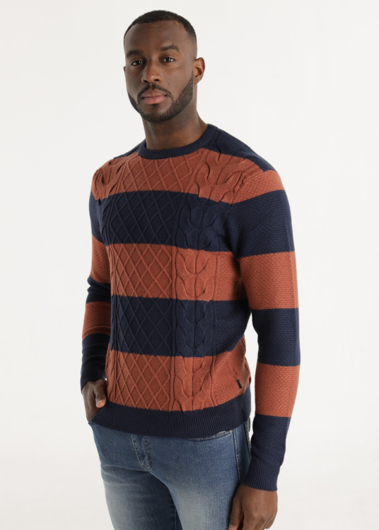 Pull à rayures tricot torsadé col ras du cou | Brun