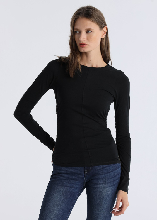 T-shirt manches longues froncés à la taille et aux manches | Noir