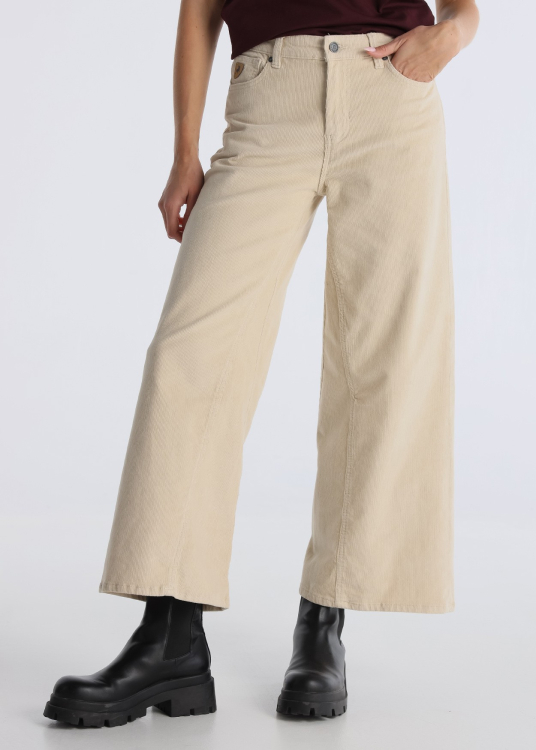 Pantalon en velours cÎtelé Coupe droite ample court Taille Moyenne | Beige
