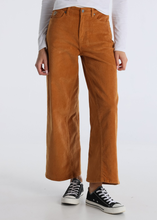 Pantalon en velours cÎtelé Coupe droite ample court Taille Moyenne | Brun