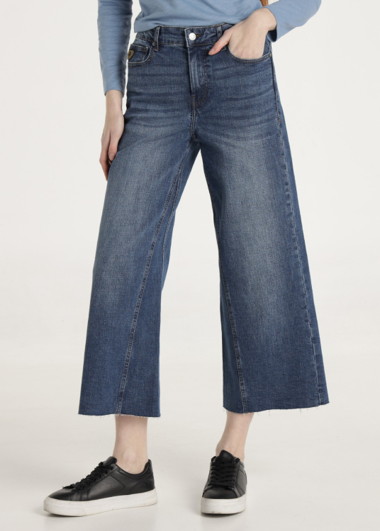 Jean délavé Cross Weave Stone Coupe droite et ample court Taille Moyenne | Bleu