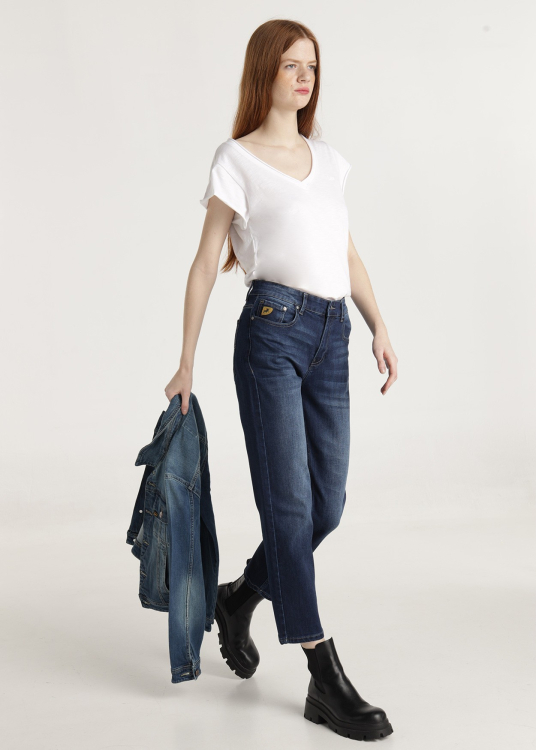 Jean Repreve bleu foncé délavé Coupe droite courte Taille Moyenne | Bleu