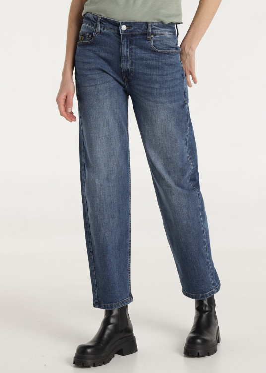 Jean délavé Cross Weave Stone Coupe ballon Taille haute | Bleu