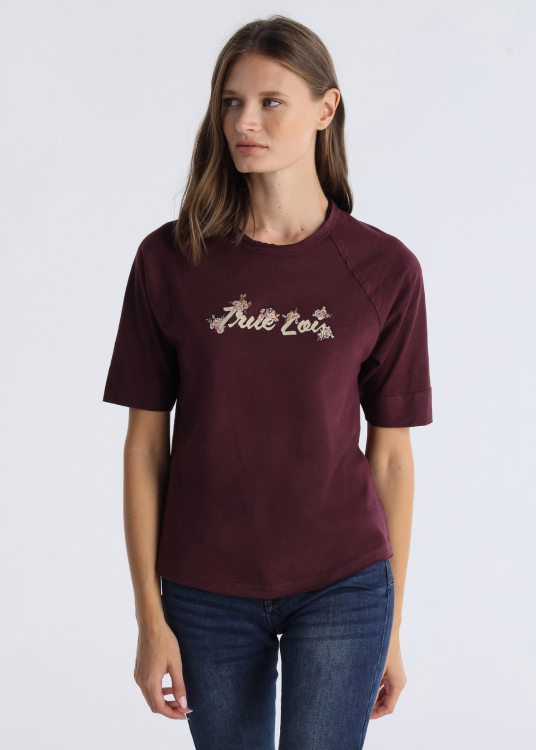 T-shirt manches raglan avec graphique imprimé et brodé | Grenat