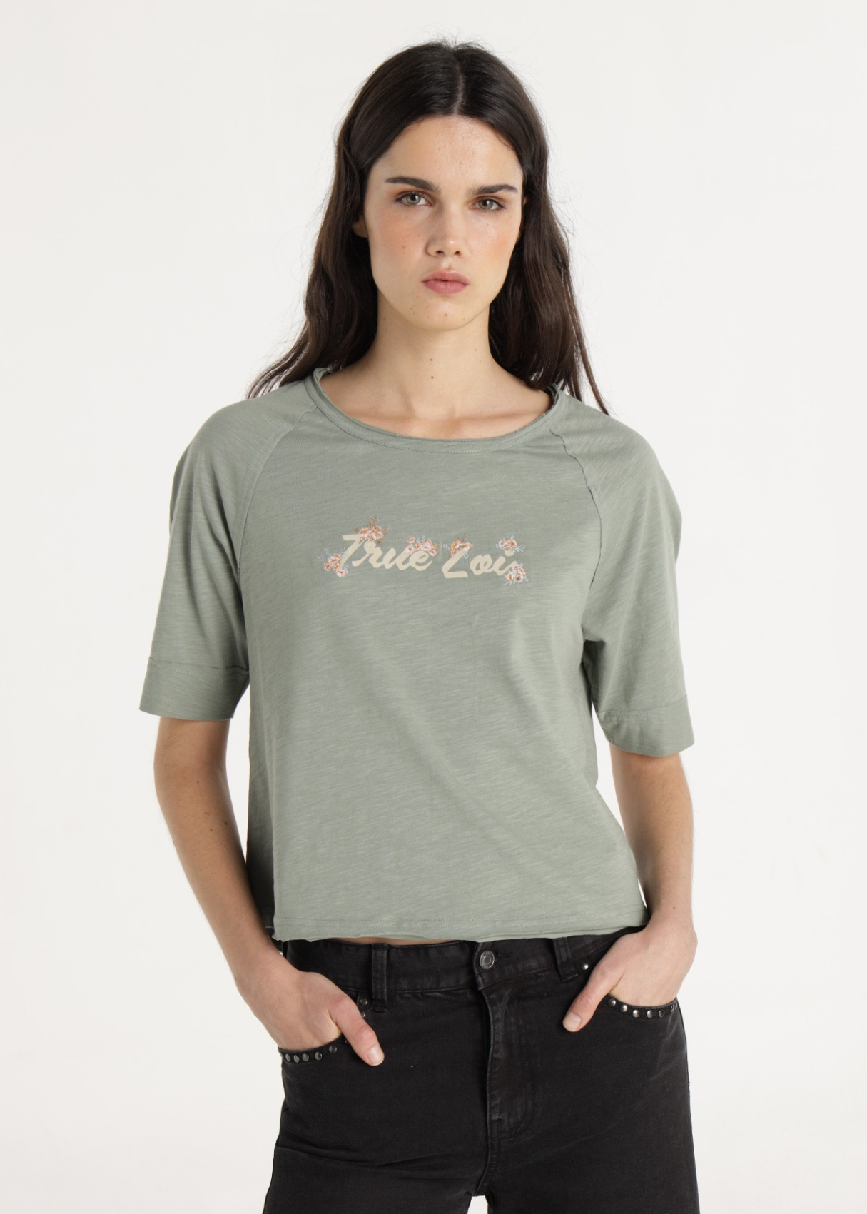 T-shirt manches raglan avec graphique imprimé et brodé