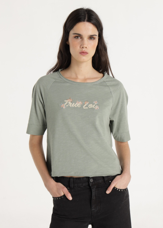 T-shirt manches raglan avec graphique imprimé et brodé | Vert