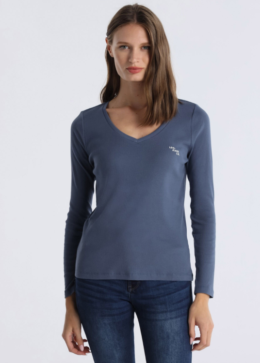 T-shirt cÎtelé manches longues avec col en V et détail logo | Bleu