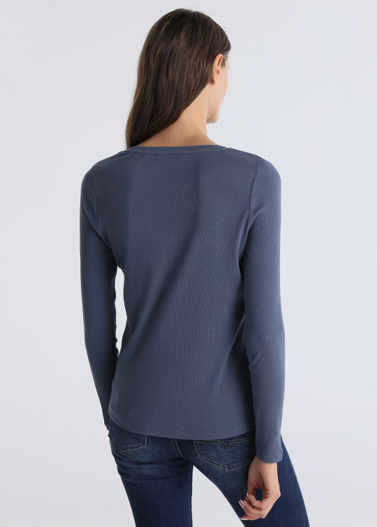 T-shirt cÎtelé manches longues avec col en V et détail logo | Bleu