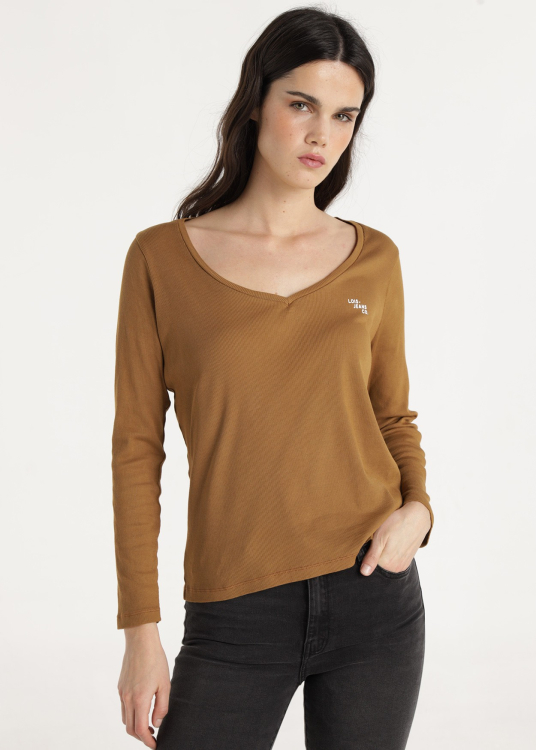 T-shirt cÎtelé manches longues avec col en V et détail logo | Brun