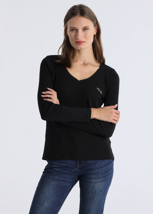 T-shirt cÎtelé manches longues avec col en V et détail logo | Noir