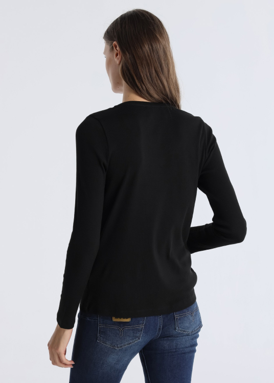 T-shirt cÎtelé manches longues avec col en V et détail logo | Noir