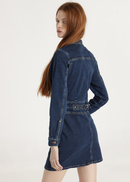 Robe courte en jean avec poches et manches longues | Bleu