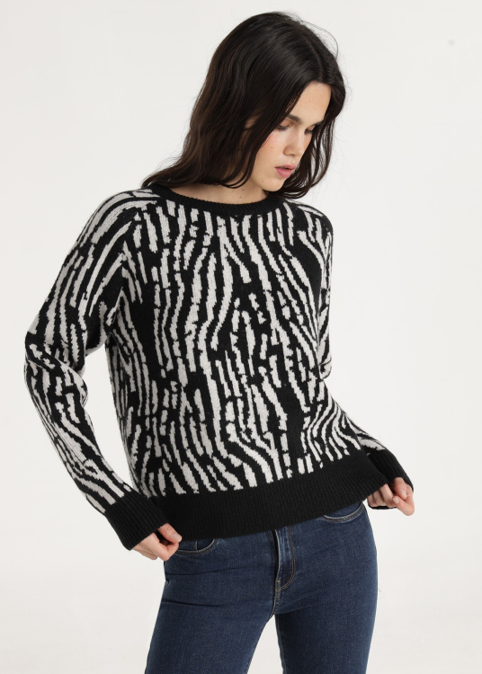 Pull col rond en maille jacquard avec imprimé zébre | Imprimé