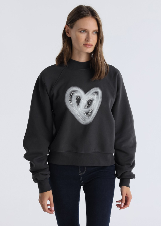Sweatshirt col semi-montant avec fermeture éclair dans le dos et manches drapées | Noir