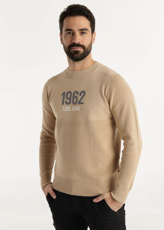 Pull  texture double col ras du cou avec imprimé | Brun