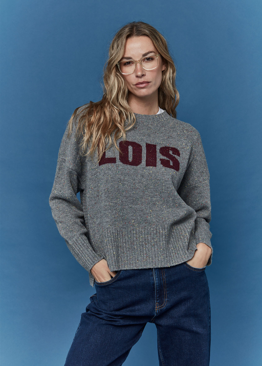 Pull ras du cou avec fentes intarsia Lois | Gris