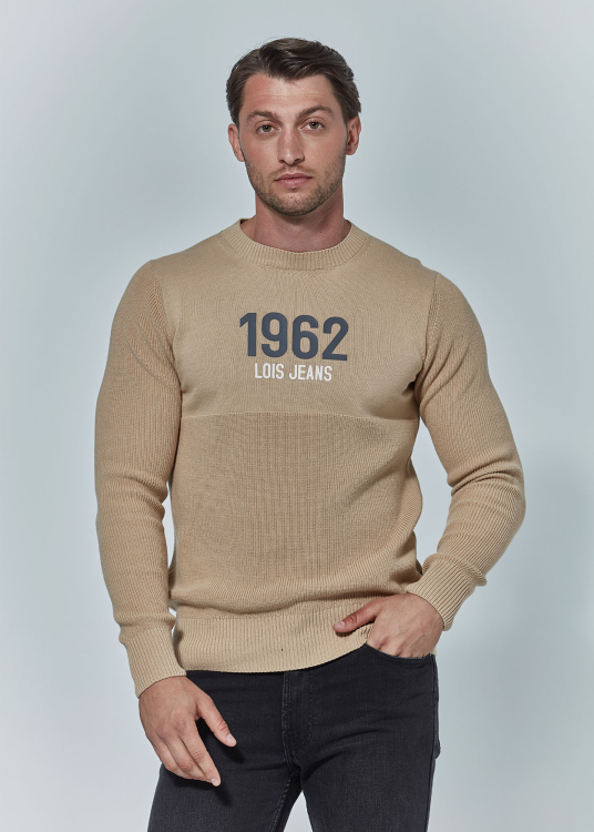 Pull  texture double col ras du cou avec imprimé | Brun