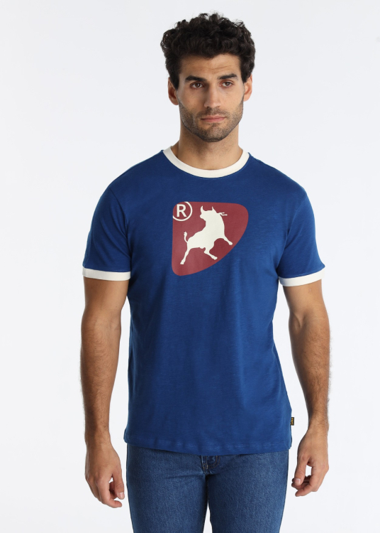 T-shirt manches courtes et col rond avec graphique taureau contrasté | Bleu