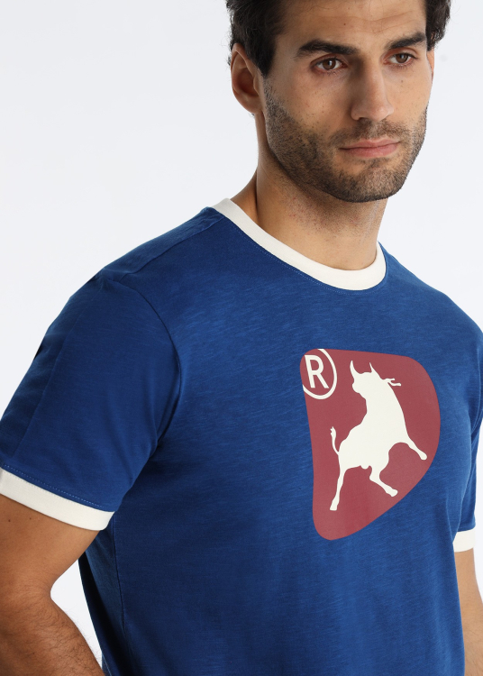 T-shirt manches courtes et col rond avec graphique taureau contrasté | Bleu