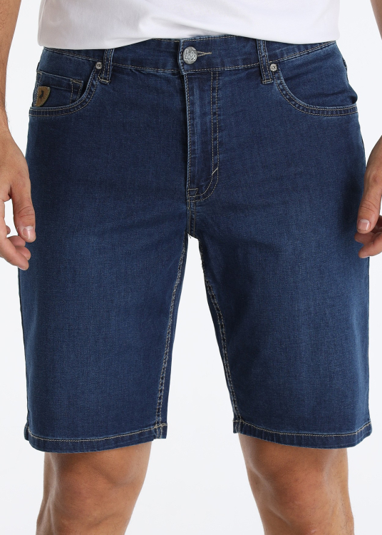 Bermuda en jean slim bleu foncé avec taille élastique | Tailles en pouces | Bleu
