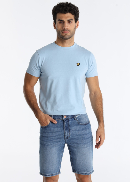 Bermuda slim en denim croisé, délavage bleu moyen | Tailles en pouces | Bleu