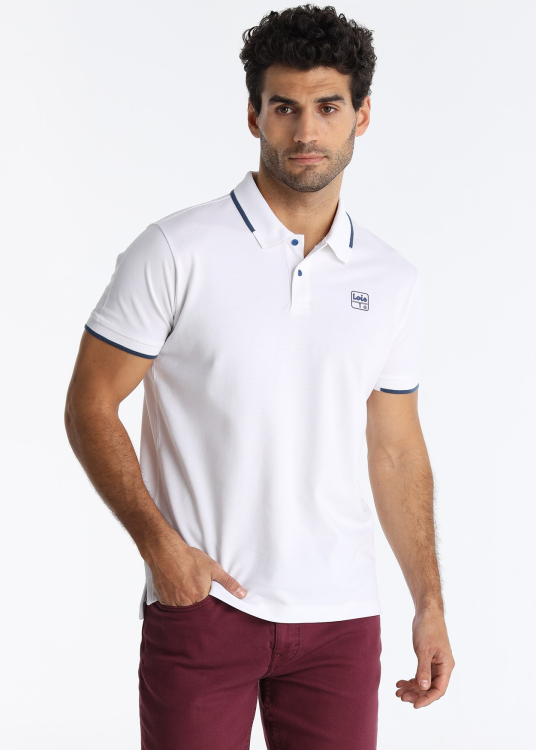 Polo blanc en piqué avec détails rayés au col | Blanc