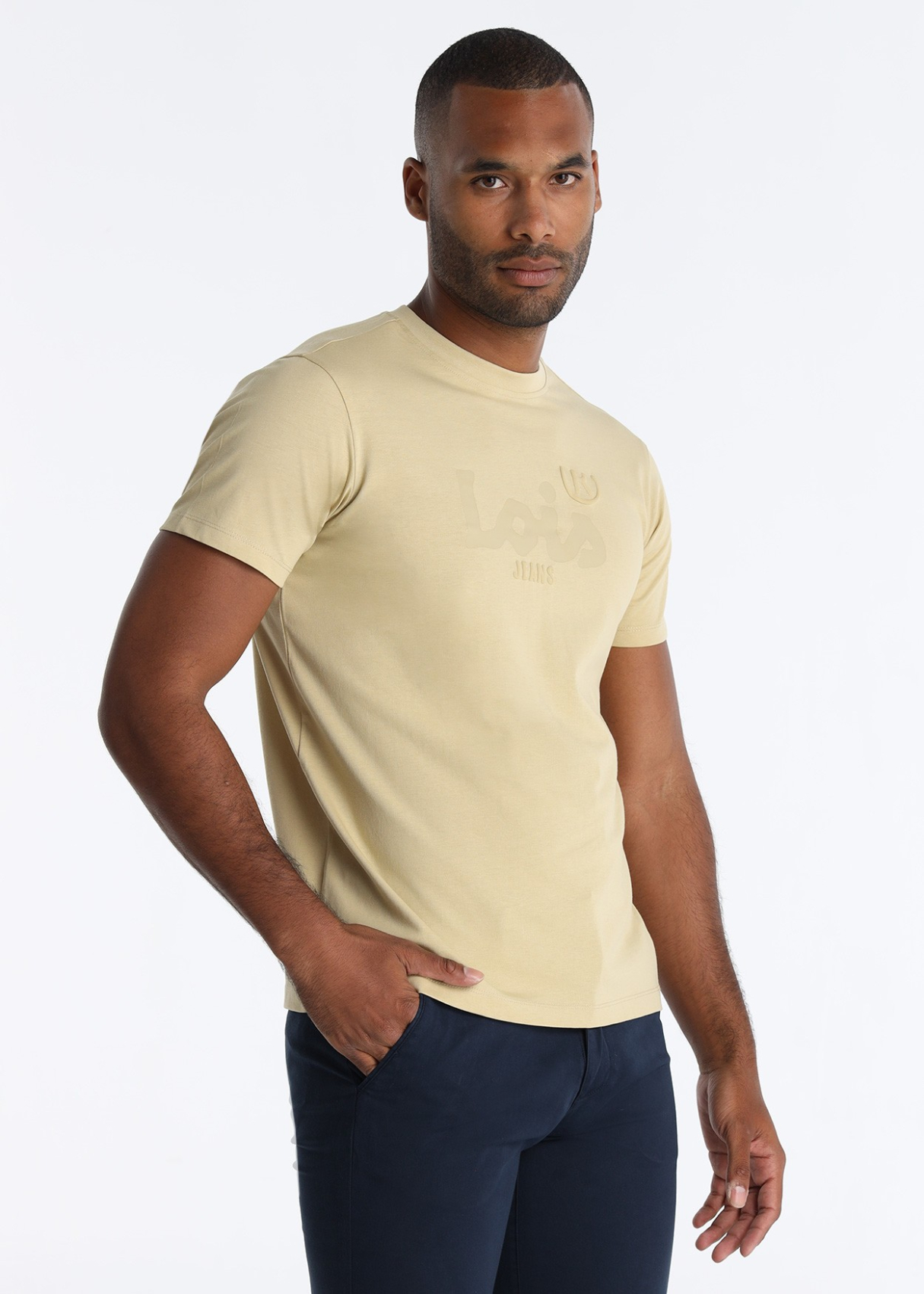 T-shirt blanc basique en coton pour homme | Col rond | Coupe ajustée | Logo Lois Jeans gris imprimé