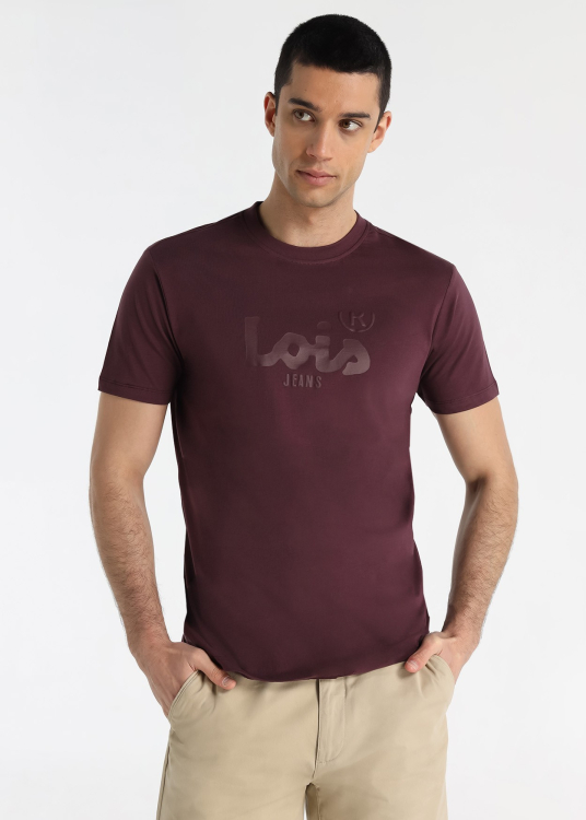 T-shirt blanc basique en coton pour homme | Col rond | Coupe ajustée | Logo Lois Jeans gris imprimé | Bordeaux