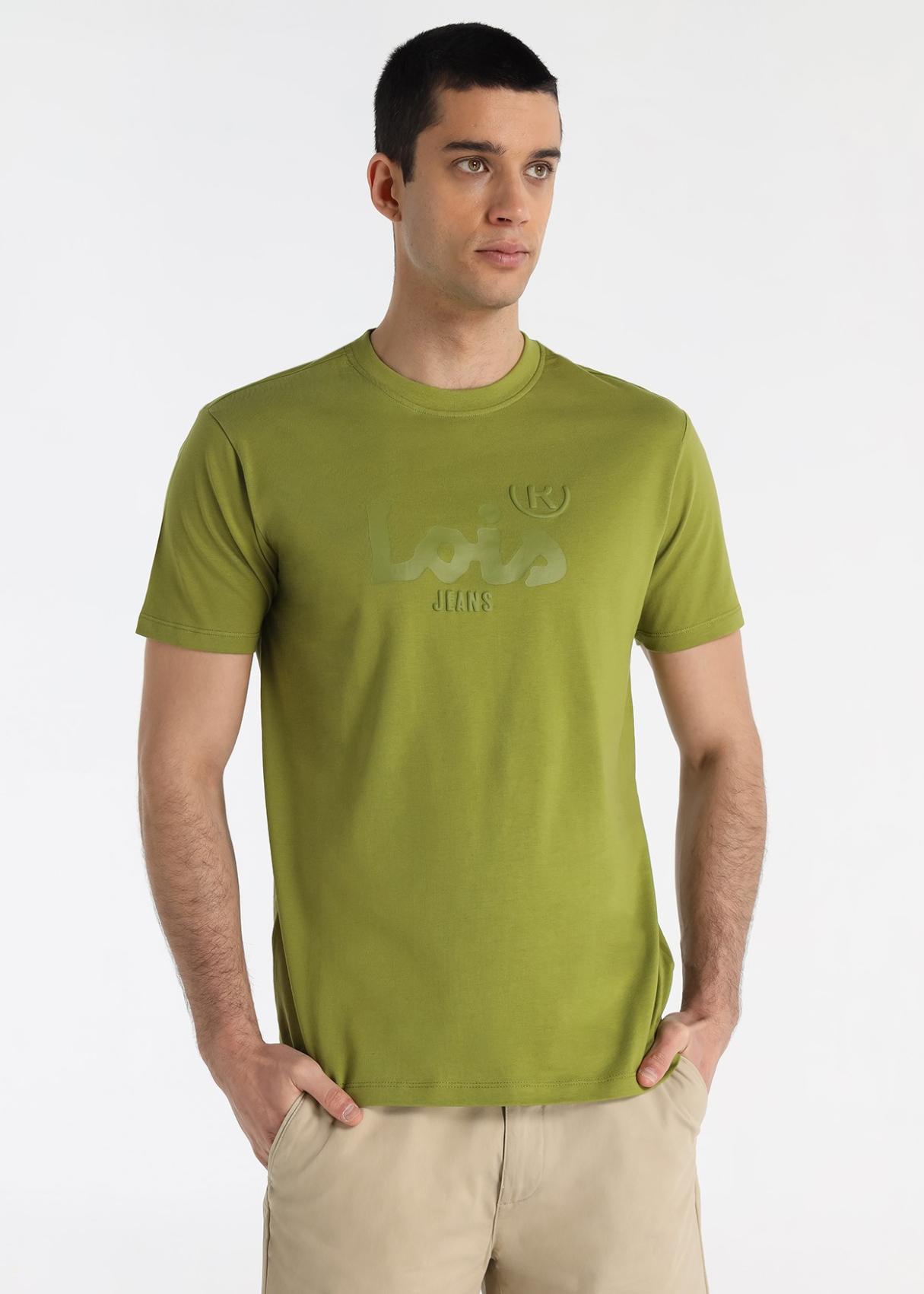 T-shirt blanc basique en coton pour homme | Col rond | Coupe ajustée | Logo Lois Jeans gris imprimé