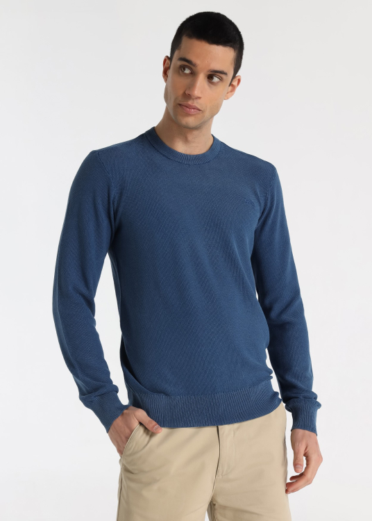 Pull en maille de coton beige avec logo brodé | Bleu
