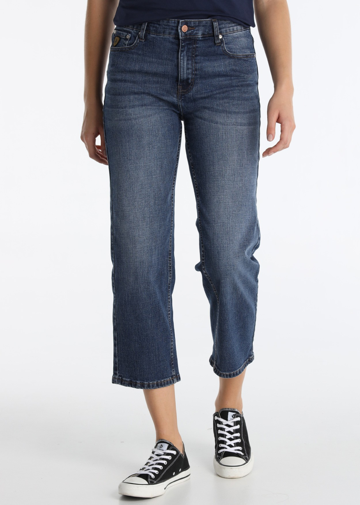 Jean droit court en denim bleu foncé avec taille élastique | Tailles en pouces