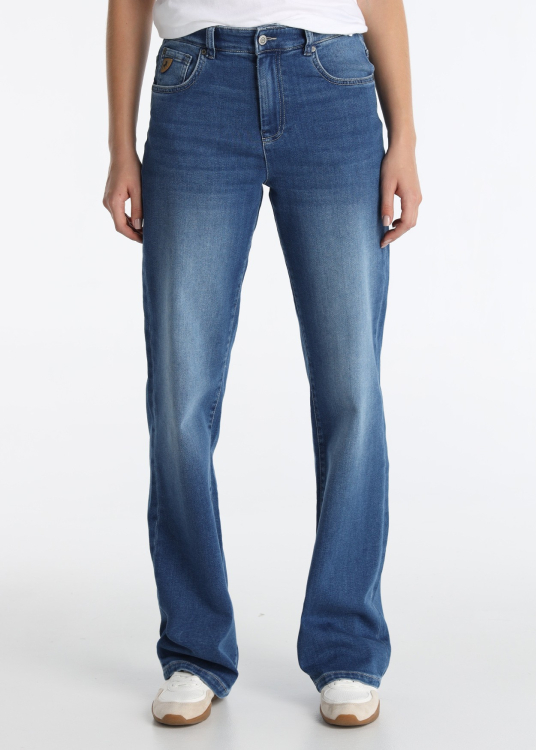 Jean taille mi-haute coupe mom, bleu foncé délavé | Tailles en pouces