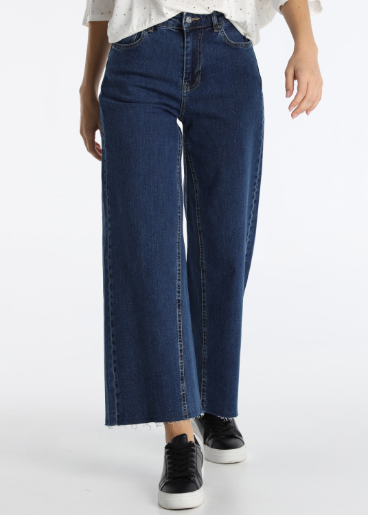 Jean court à jambes larges effet délavé | Tailles en pouces | Bleu