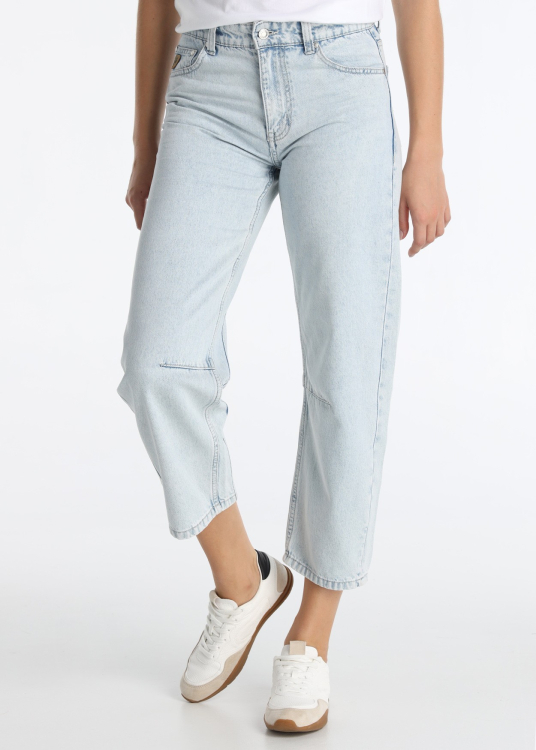 Jean taille haute coupe tonneau avec empiècements | Tailles en pouces | Bleu