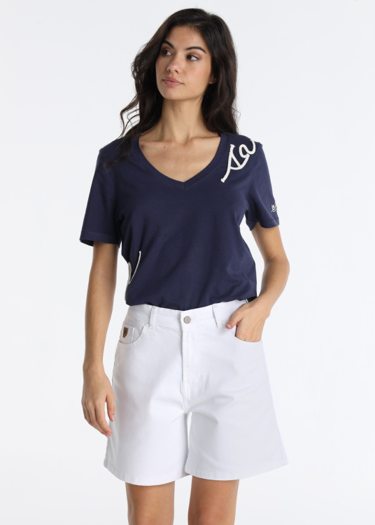 Short en jean blanc avec broderie spéciale sur la poche | Tailles en pouces | Blanc