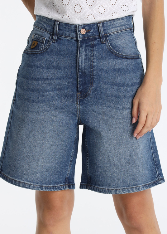 Short en jean bleu foncé coupe décontractée taille haute | Tailles en pouces | Denim