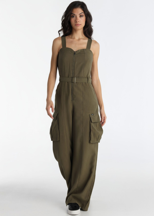 Combinaison bustier à poches multiples en tissu fluide | Vert