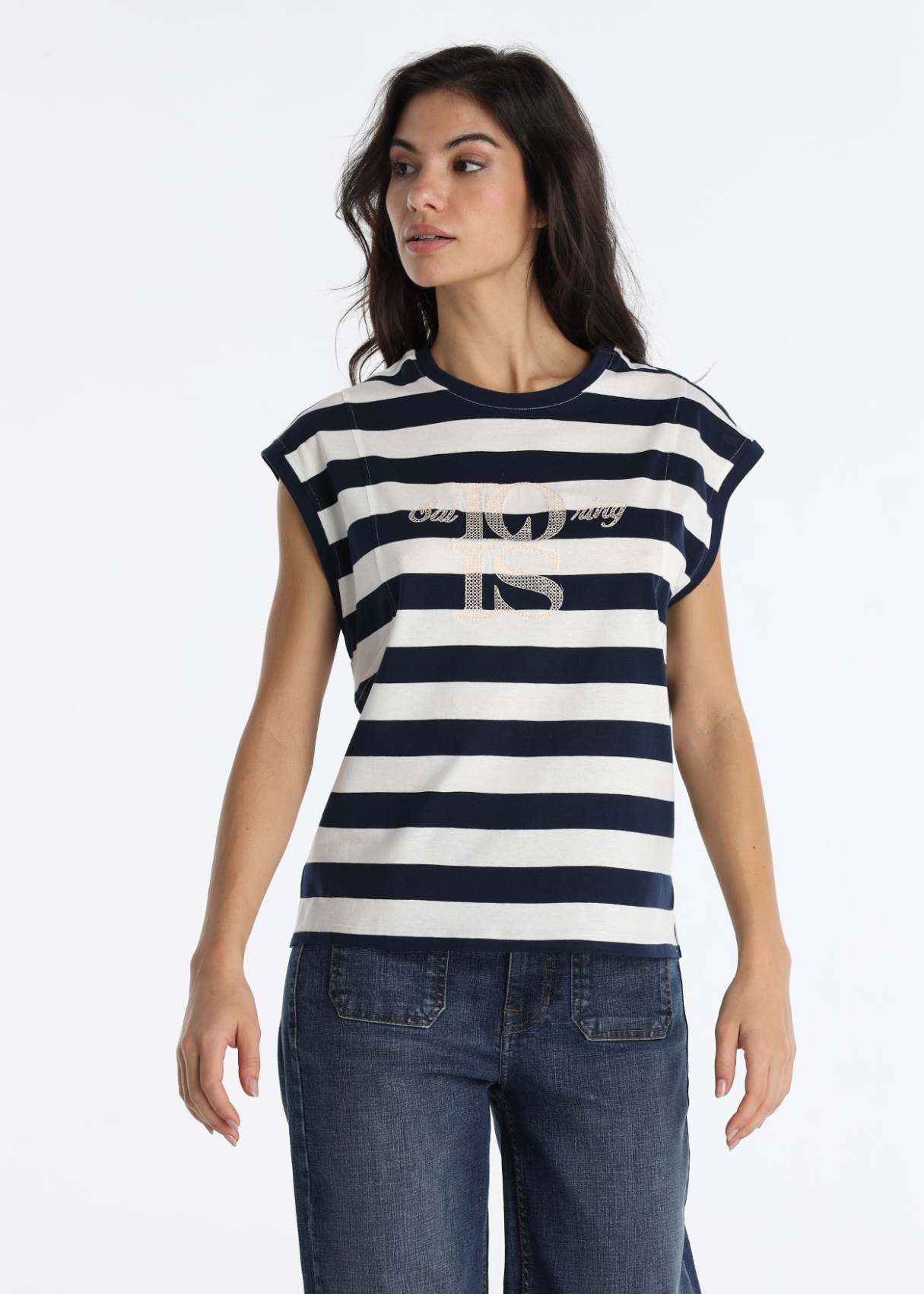 T-shirt rayé avec broderie exclusive au point de chaînette