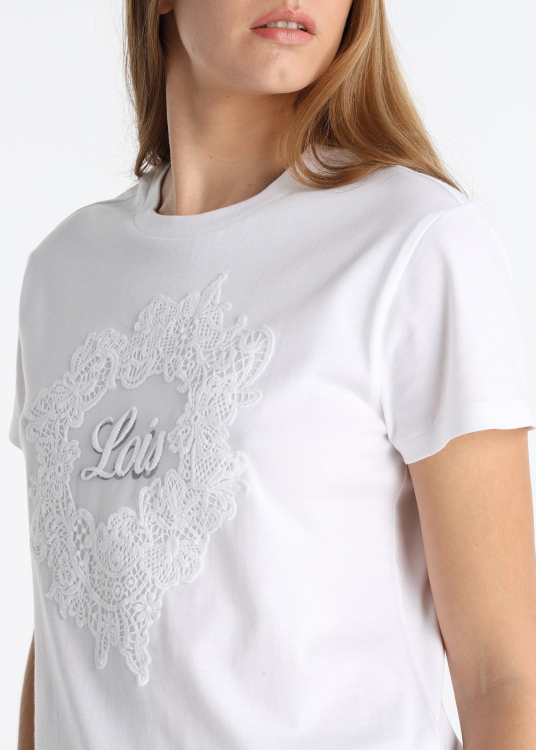 T-shirt blanc avec broderie spéciale et détails en tulle | Blanc