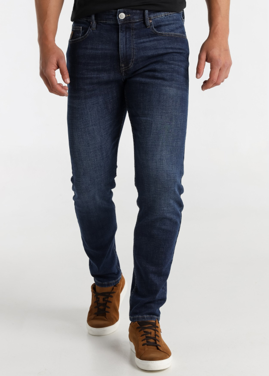 Jeans homme bleu foncé délavé · Authentic Character | Tailles en pouces | Bleu