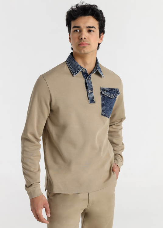 Polo à manches longues pour homme avec poche en jean · Style décontracté chic | Grenat