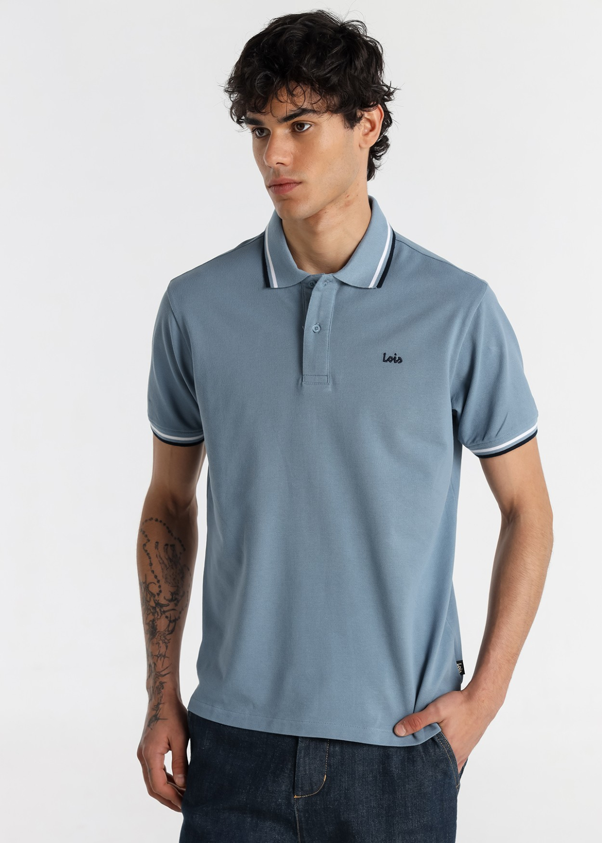 Polo homme Lois Jeans à manches courtes, finition double style Lacoste et col rayé · style décontracté