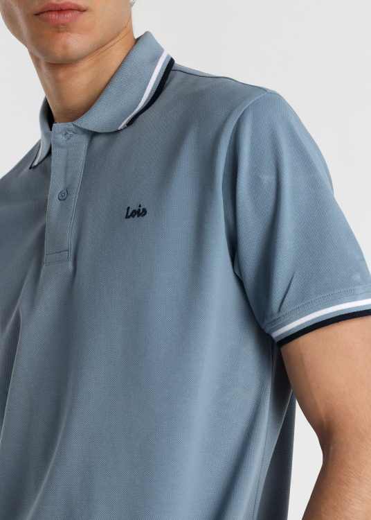 Polo homme Lois Jeans à manches courtes, finition double style Lacoste et col rayé · style décontracté | Bleu jeans