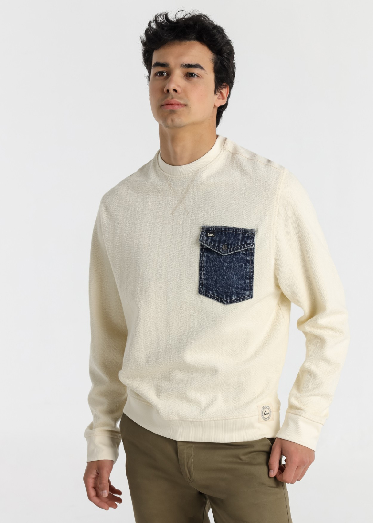 Sweat-shirt en denim à col rond et poche pour homme Style décontracté