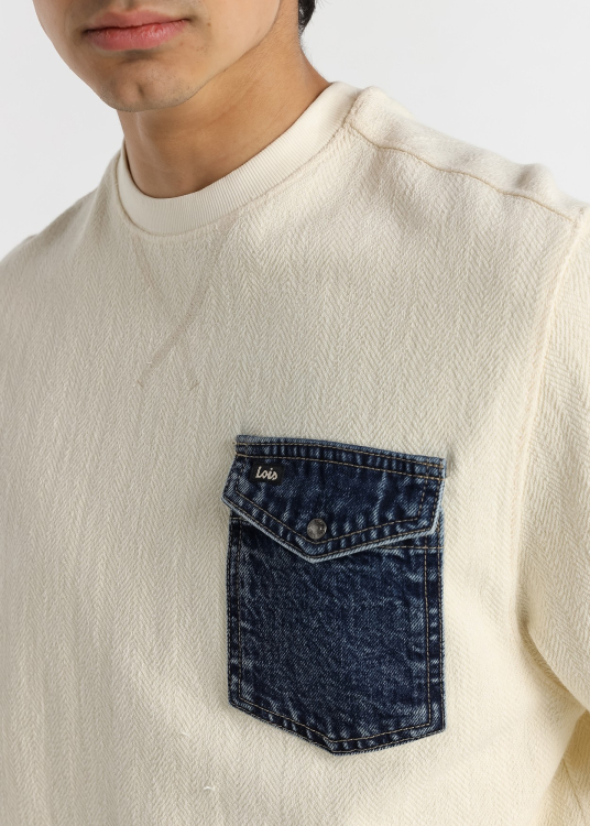 Sweat-shirt en denim à col rond et poche pour homme Style décontracté